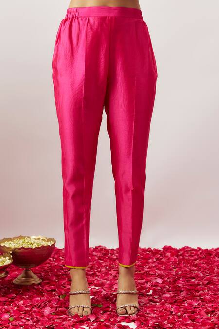 The Aarya_Pink Organza, Chanderi, Handloom Cotton Embroidery, Jazmin Hand Kurta Pant Set _at_Aza_Fashions