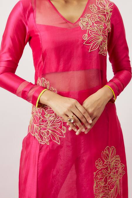 Buy_The Aarya_Pink Organza, Chanderi, Handloom Cotton Embroidery, Jazmin Hand Kurta Pant Set 