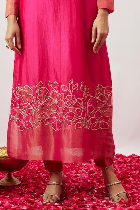 Buy_The Aarya_Pink Organza, Chanderi, Handloom Cotton Daneiris Hand Kurta Pant Set _Online_at_Aza_Fashions