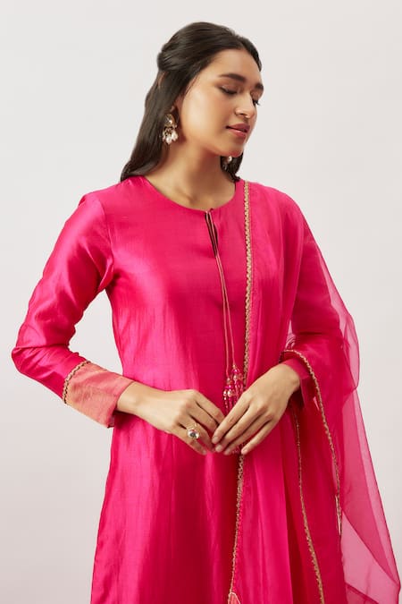 The Aarya_Pink Organza, Chanderi, Handloom Cotton Daneiris Hand Kurta Pant Set _at_Aza_Fashions
