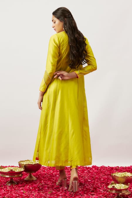 The Aarya_Green Organza, Handloom Cotton, Chanderi Embroidery, Zari Shirin Kurta Pant Set _Online_at_Aza_Fashions