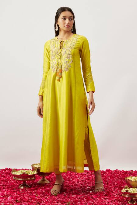 Buy_The Aarya_Green Organza, Handloom Cotton, Chanderi Embroidery, Zari Shirin Kurta Pant Set _Online_at_Aza_Fashions