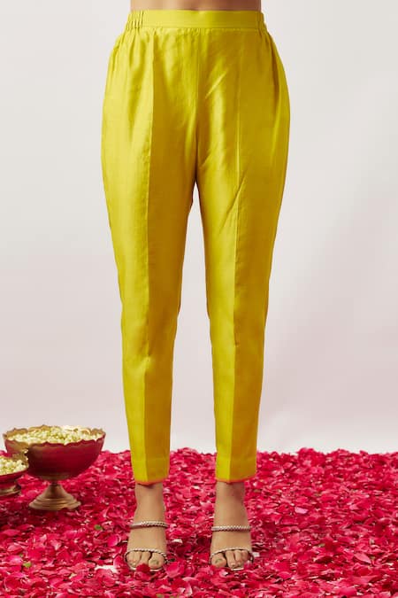 Shop_The Aarya_Green Organza, Handloom Cotton, Chanderi Embroidery, Zari Shirin Kurta Pant Set _Online_at_Aza_Fashions