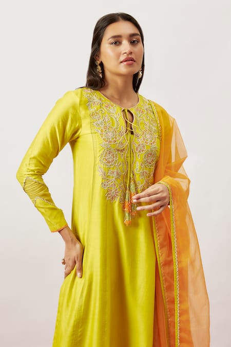 The Aarya_Green Organza, Handloom Cotton, Chanderi Embroidery, Zari Shirin Kurta Pant Set _at_Aza_Fashions