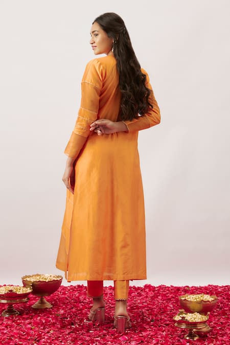 The Aarya_Orange Organza, Handloom Cotton, Chanderi Hassie Chevron Blossom Kurta Pant Set _Online_at_Aza_Fashions