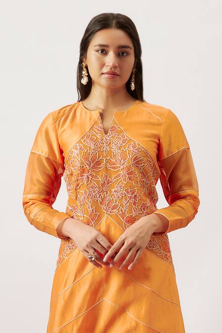 Buy_The Aarya_Orange Organza, Handloom Cotton, Chanderi Hassie Chevron Blossom Kurta Pant Set _Online_at_Aza_Fashions