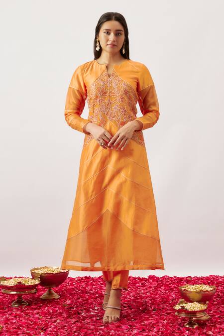 Shop_The Aarya_Orange Organza, Handloom Cotton, Chanderi Hassie Chevron Blossom Kurta Pant Set _Online_at_Aza_Fashions