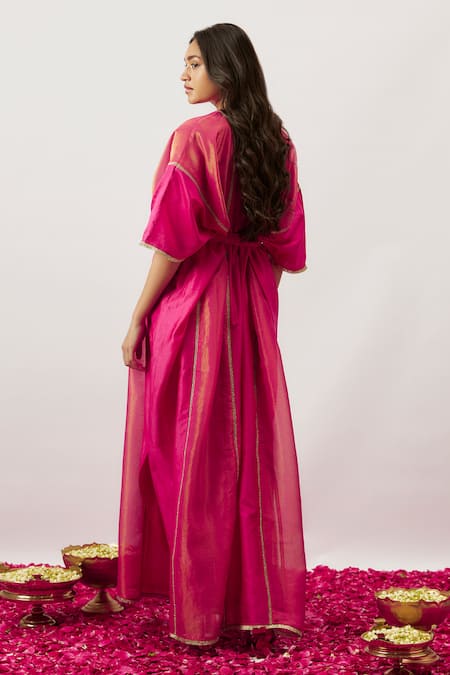The Aarya_Pink Handloom Cotton, Chanderi, Organza Zari Leila Dori Lace Embroidered Kaftan _Online_at_Aza_Fashions