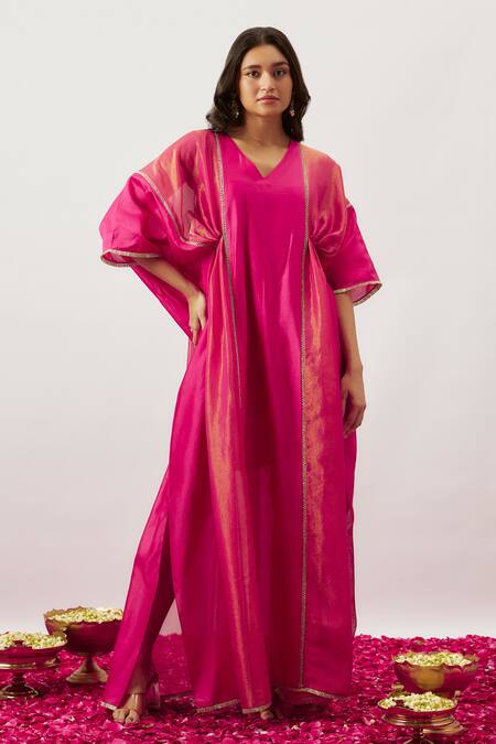 Buy_The Aarya_Pink Handloom Cotton, Chanderi, Organza Zari Leila Dori Lace Embroidered Kaftan _Online_at_Aza_Fashions