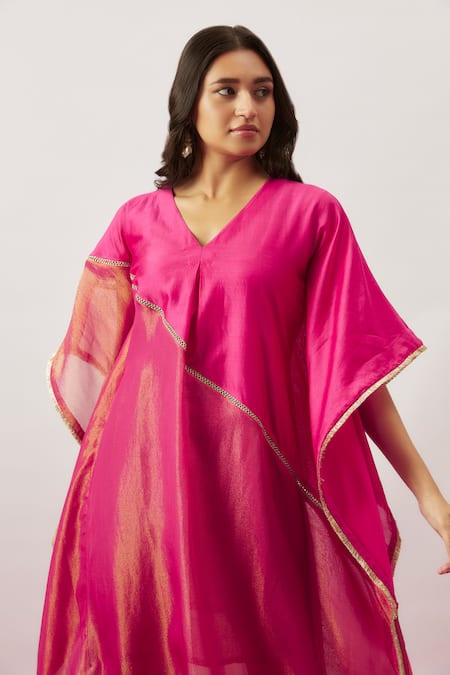 The Aarya Pink Handloom Cotton, Chanderi, Vanya Diagonal Dori Lace Embroidered Kaftan Online at Aza Fashions The Aarya_Pink Handloom Cotton, Chanderi, Vanya Diagonal Dori Lace Embroidered Kaftan _Online_at_Aza_Fashions