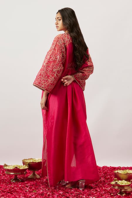 The Aarya_Pink Handloom Cotton, Chanderi, Organza Embroidery Open Neck Ruya Floral Kaftan _Online_at_Aza_Fashions