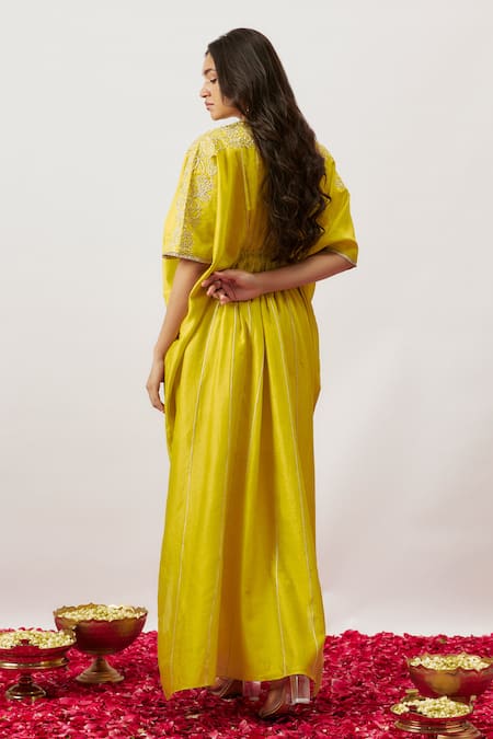 The Aarya_Green Handloom Cotton, Chanderi Zari V-neck Mahsa Lily Dori Work Pleated Kaftan _Online_at_Aza_Fashions