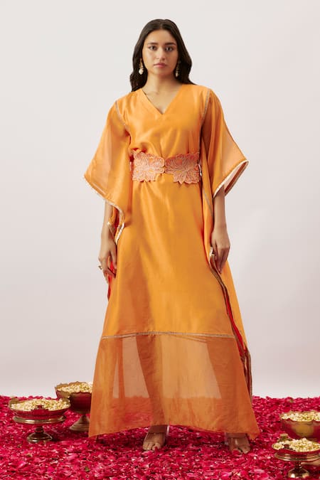 The Aarya Orange Handwoven Chanderi Embroidery Zari Dori V Sahana Organza Panel Kaftan 