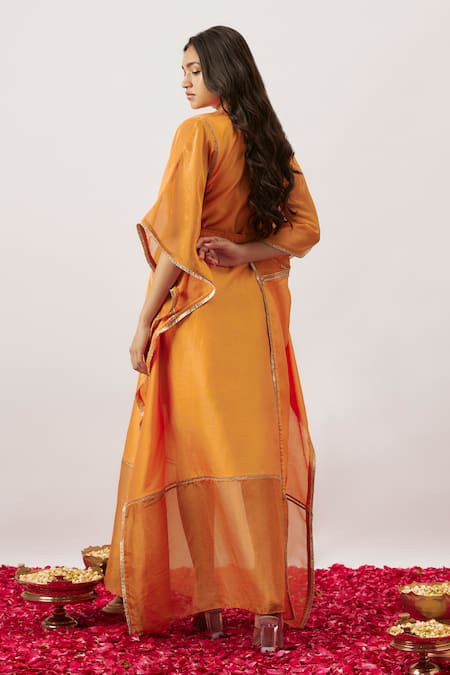 The Aarya_Orange Handloom Cotton, Chanderi, Organza Embroidery Sahana Panel Kaftan _Online_at_Aza_Fashions