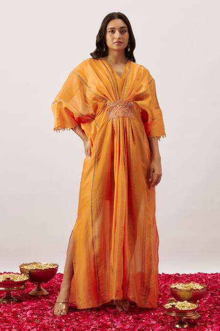 Buy_The Aarya_Orange Handloom Cotton, Chanderi, Organza Embroidery Sahana Panel Kaftan _Online_at_Aza_Fashions