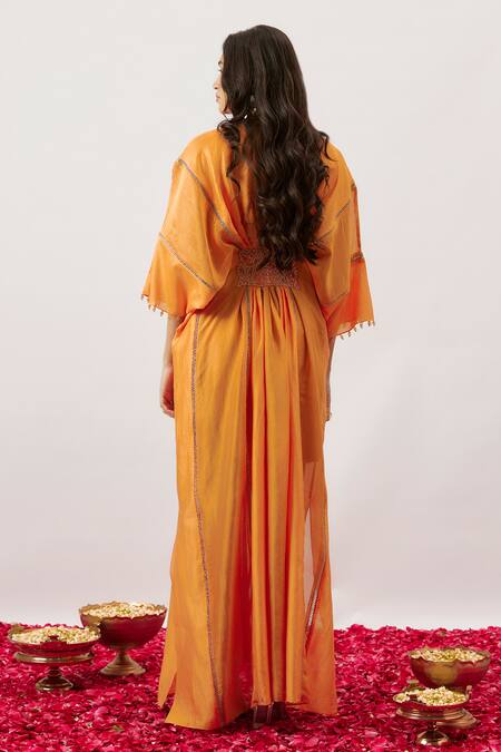 Shop_The Aarya_Orange Handloom Cotton, Chanderi, Organza Embroidery Sahana Panel Kaftan _Online_at_Aza_Fashions