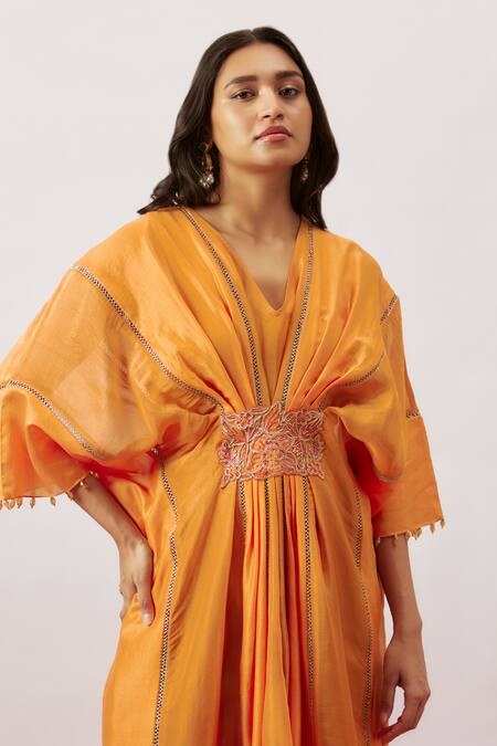 The Aarya_Orange Handloom Cotton, Chanderi, Organza Embroidery Sahana Panel Kaftan _at_Aza_Fashions