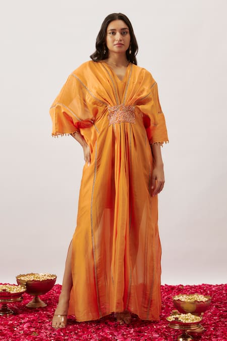 The Aarya Orange Handwoven Chanderi Embroidery Zari Dori V Miorah Bloom Patchwork Kaftan 