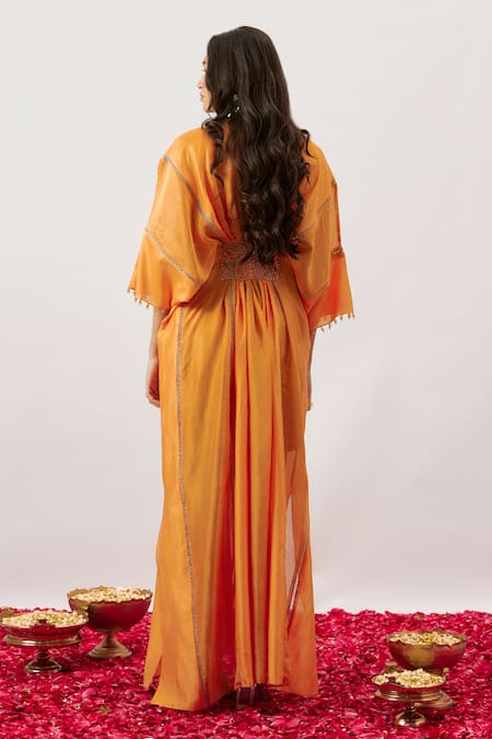 The Aarya_Orange Handloom Cotton, Chanderi, Miorah Zari Dori Bloom Patchwork Kaftan _Online_at_Aza_Fashions