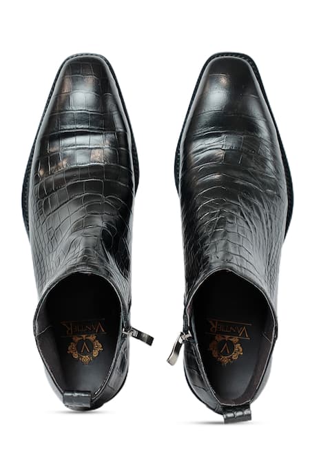 Shop Vantier Black Cut Work Antilia Croco Leather Boots at Aza Fashions Shop_Vantier_Black Cut Work Antilia Croco Leather Boots _at_Aza_Fashions