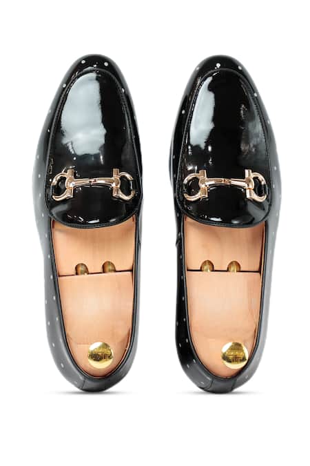 Shop Vantier Black Embroidery Mikey Patent Slip-on Loafers at Aza Fashions Shop_Vantier_Black Embroidery Mikey Patent Slip-on Loafers _at_Aza_Fashions