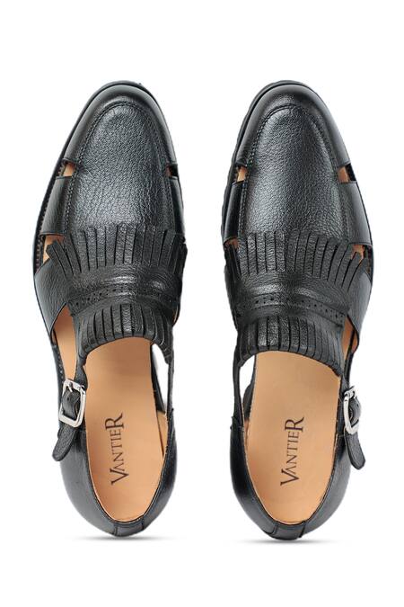 Shop Vantier Black Fringe Cutout Leather Sandals at Aza Fashions Shop_Vantier_Black Fringe Cutout Leather Sandals _at_Aza_Fashions