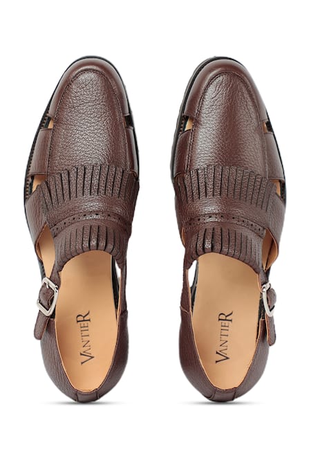 Shop Vantier Brown Fringe Pacho Cutout Leather Sandals at Aza Fashions Shop_Vantier_Brown Fringe Pacho Cutout Leather Sandals _at_Aza_Fashions