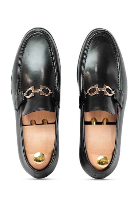 Shop Vantier Black Buckles Ferra Leather Slip-on Loafers at Aza Fashions Shop_Vantier_Black Buckles Ferra Leather Slip-on Loafers _at_Aza_Fashions