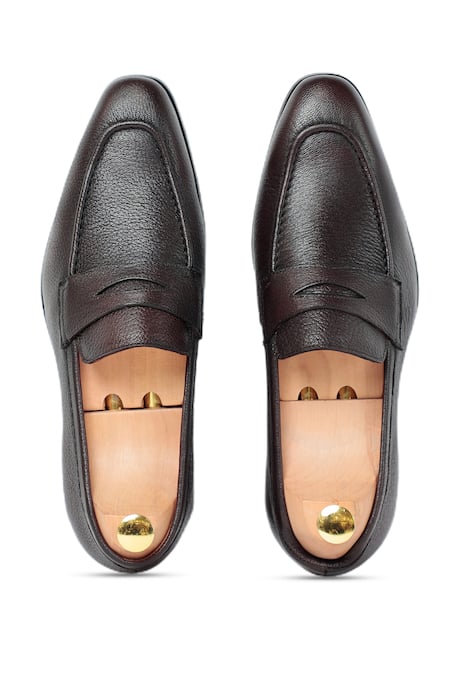 Shop_Vantier_Brown Ripper Grain Leather Penny Loafers _at_Aza_Fashions