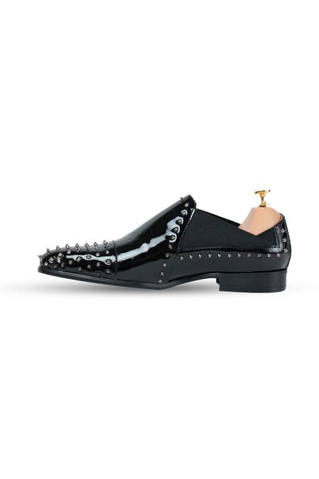 Vantier_Black Studs Studded Patent Leather Slip-on Loafers _Online_at_Aza_Fashions