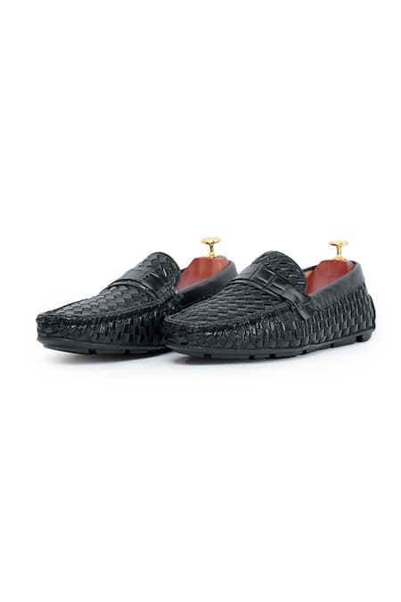 Shop Vantier Black Weave Textured Leather Loafers Online at Aza Fashions Shop_Vantier_Black Weave Textured Leather Loafers _Online_at_Aza_Fashions