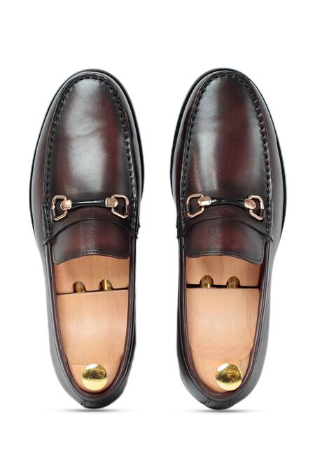 Shop Vantier Brown Buckles Leather Horsebit Slip-on Loafers at Aza Fashions Shop_Vantier_Brown Buckles Leather Horsebit Slip-on Loafers _at_Aza_Fashions