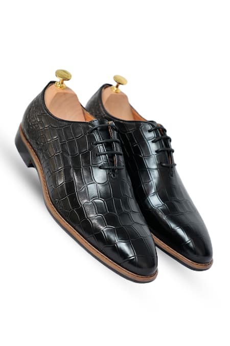 Vantier Black Crocodile Textured Bruno Oxford Croc Leather Shoes 