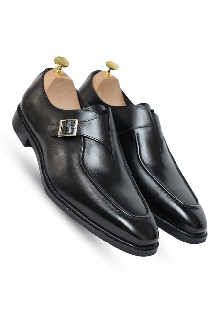 Vantier Black Plain Melvin Single Monk Leather Shoes 