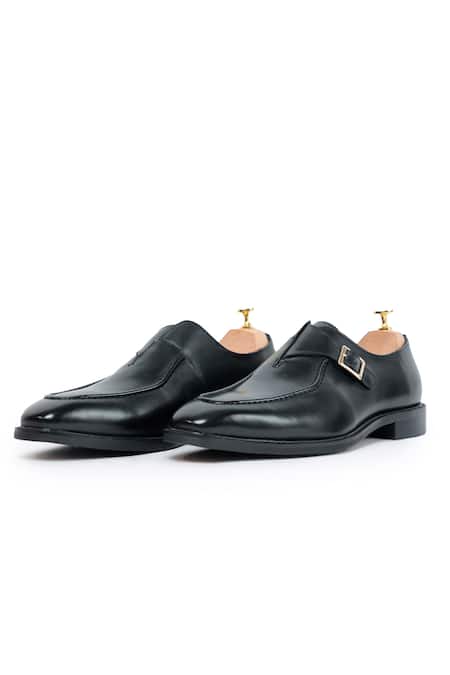 Vantier_Black Plain Leather Monk Shoes _Online_at_Aza_Fashions