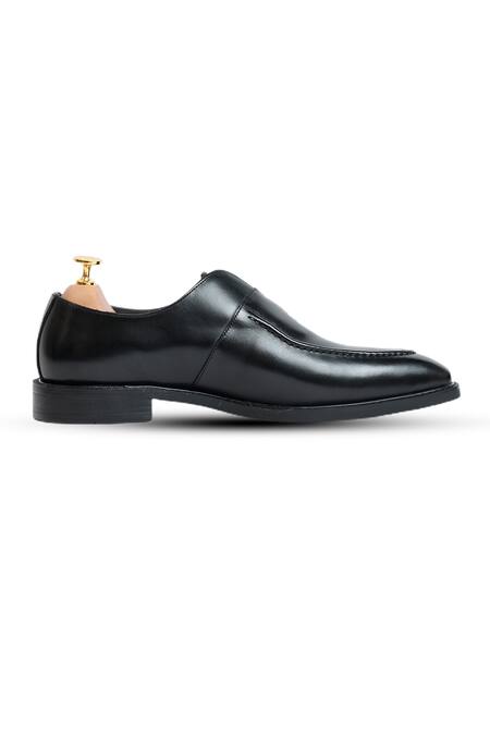 Shop_Vantier_Black Plain Leather Monk Shoes _Online_at_Aza_Fashions