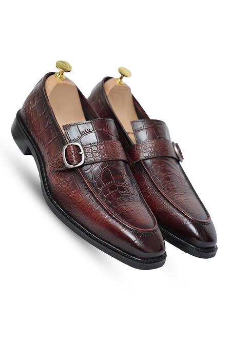 Vantier Brown Crocodile Textured Azure Croc Monk Leather Shoes 