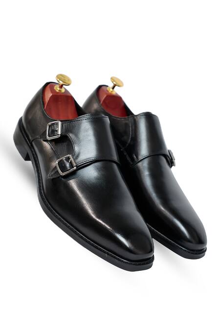 Vantier Black Plain Julius Double Monk Strap Shoes 