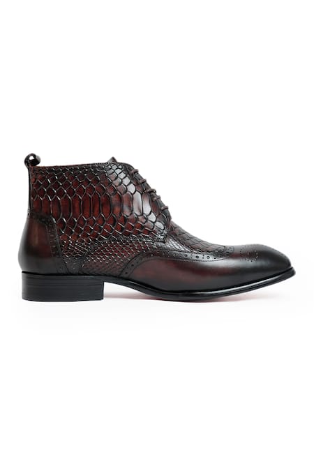 Vantier_Brown Cut Work, Embroidery Diago Croc Ankle Boots _Online_at_Aza_Fashions