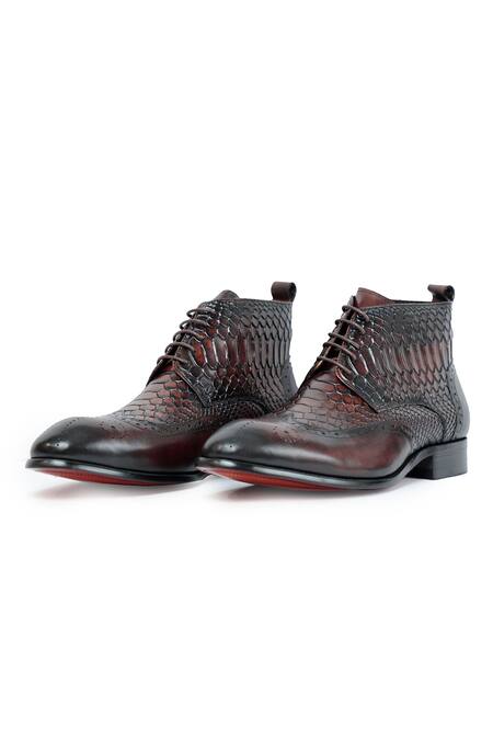 Shop_Vantier_Brown Cut Work, Embroidery Diago Croc Ankle Boots _Online_at_Aza_Fashions