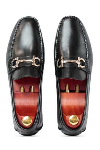 Shop Vantier Black Buckles Leather Horsebit Slip-on Loafers at Aza Fashions Shop_Vantier_Black Buckles Leather Horsebit Slip-on Loafers _at_Aza_Fashions