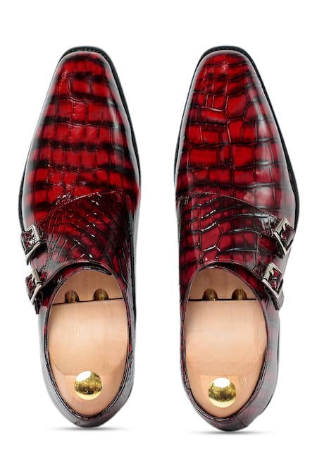 Shop_Vantier_Red Cut Work Crocodile Textured Patent Monk Shoes _at_Aza_Fashions