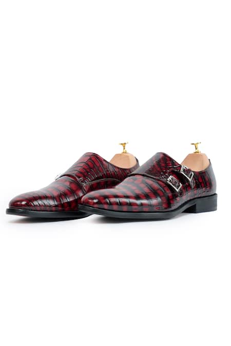 Vantier_Red Cut Work Crocodile Textured Patent Monk Shoes _Online_at_Aza_Fashions