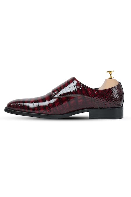 Shop_Vantier_Red Cut Work Crocodile Textured Patent Monk Shoes _Online_at_Aza_Fashions