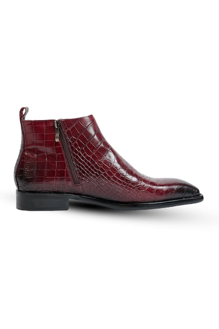 Vantier_Maroon Cut Work Crocodile Textured Leather Boots _Online_at_Aza_Fashions