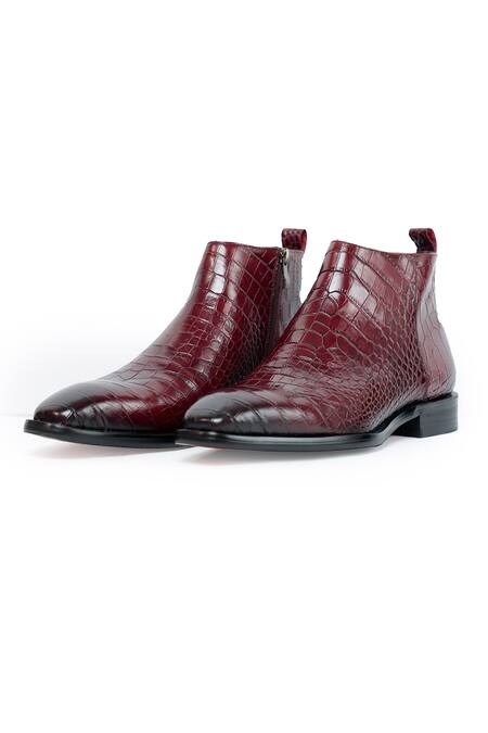 Buy_Vantier_Maroon Cut Work Crocodile Textured Leather Boots _Online_at_Aza_Fashions