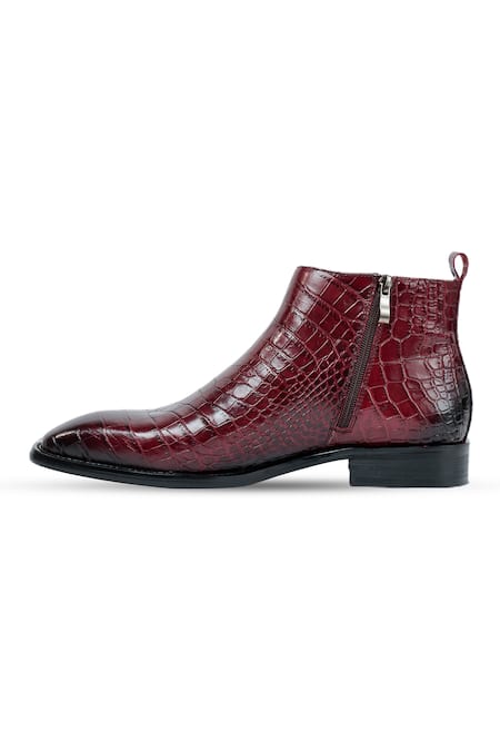 Shop_Vantier_Maroon Cut Work Crocodile Textured Leather Boots _Online_at_Aza_Fashions