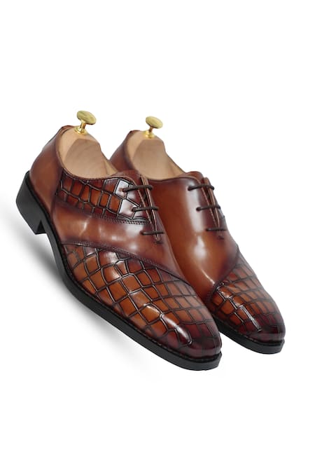 Vantier Brown Crocodile Textured Aristo Croc Lace-up Shoes 