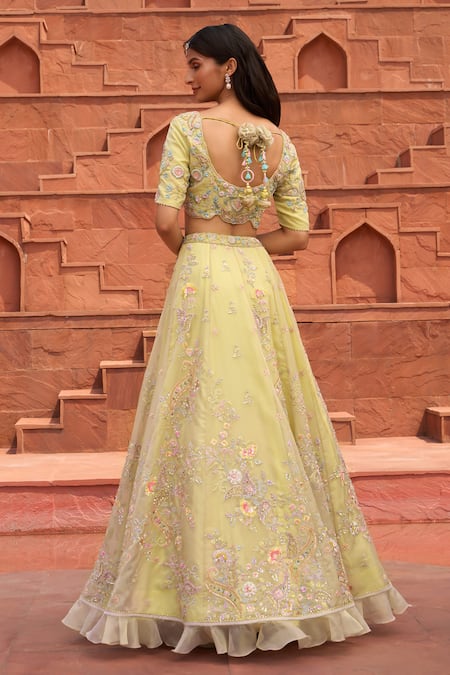 Shop_Aariyana Couture_Yellow Tissue, Viscose Tassels, Embroidery Scoop Floral And Paisley Lehenga Set _at_Aza_Fashions