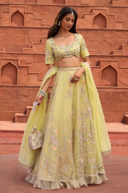 Aariyana Couture_Yellow Tissue, Viscose Tassels, Embroidery Scoop Floral And Paisley Lehenga Set _Online_at_Aza_Fashions